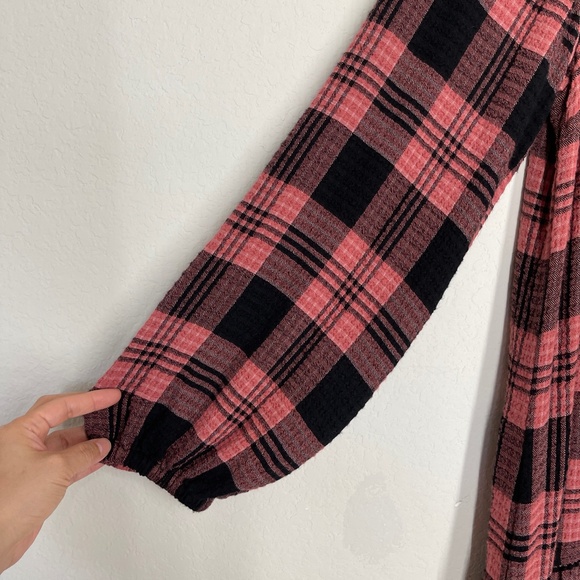 Anthropologie Cloth & Stone Women's Mini Dress Size L Plaid Pink Boho Peasant - Picture 3 of 9